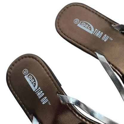 Long Tian Nu Bronze Gold & Silver Strappy Flip Flop Sandals