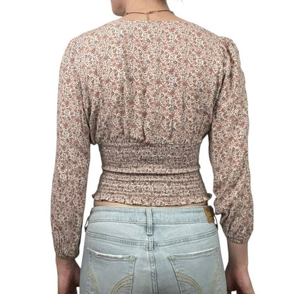 American Eagle Floral Long Sleeve Tie Front V-Neck Ruched Blouse