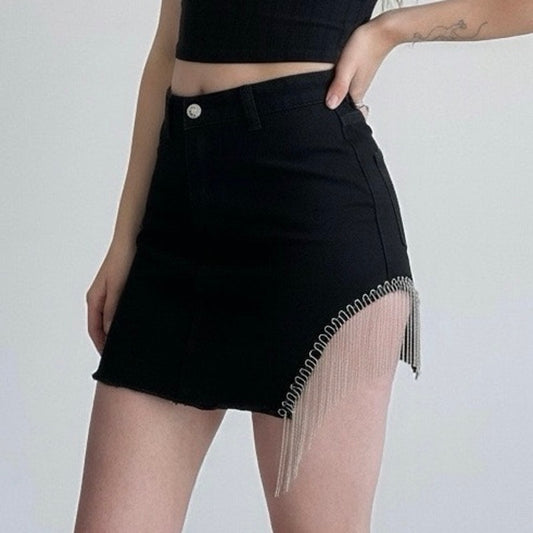 NWT Adika Black Denim Side Slit Silver Chain Fringe Mini Jean Skirt