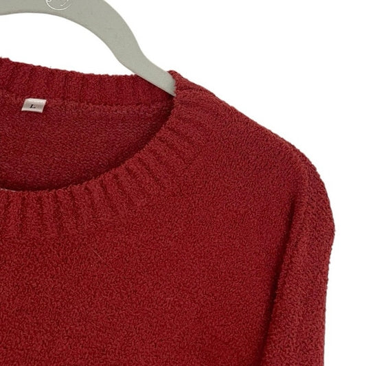 Red Textured Knit Cuffed Sleeve Crewneck Sweater