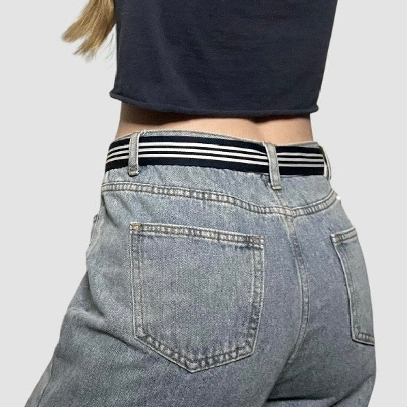 Abercrombie & Fitch Navy Blue + White Striped D-Ring Canvas Belt