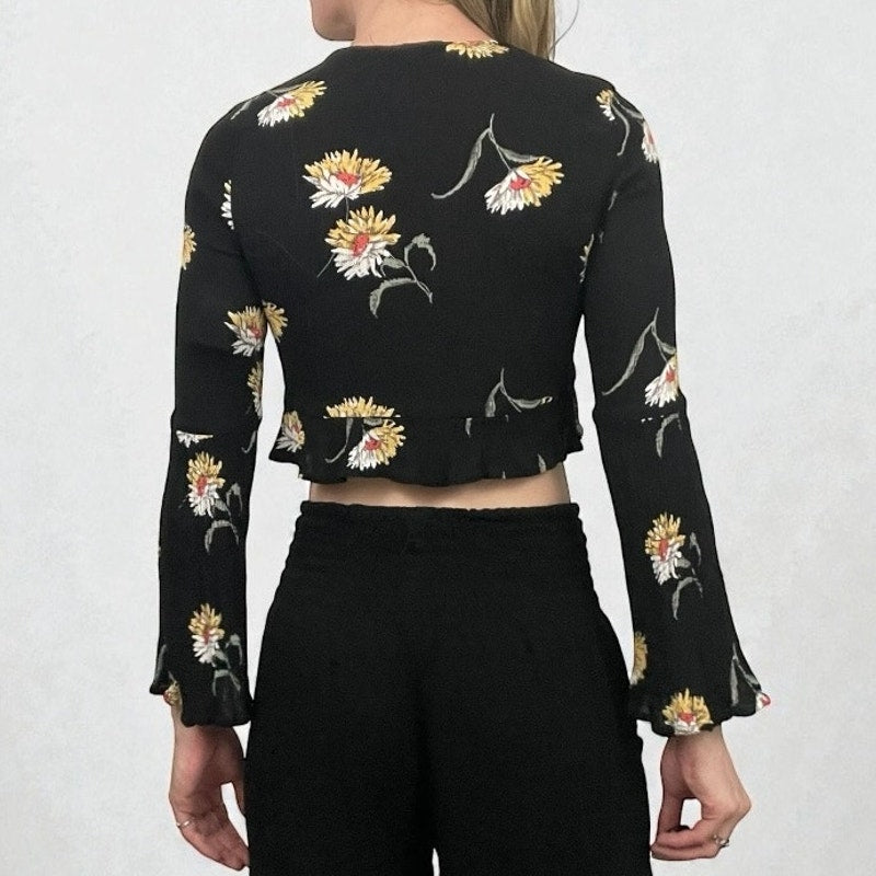 L.A. Hearts Black Floral Long Bell Sleeve Lace Up Cropped Top