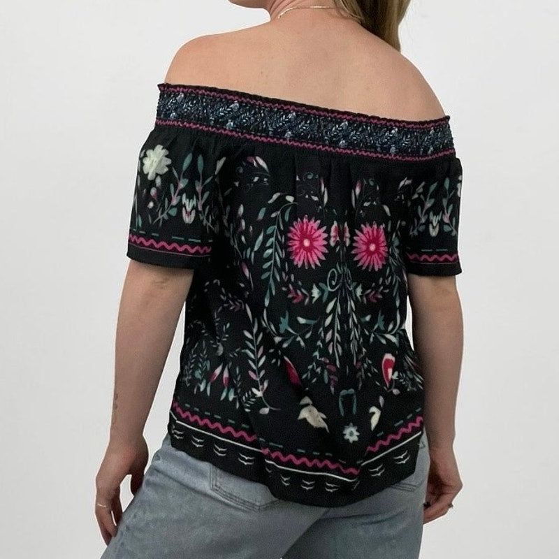 SHEIN Black Floral Off the Shoulder Blouse