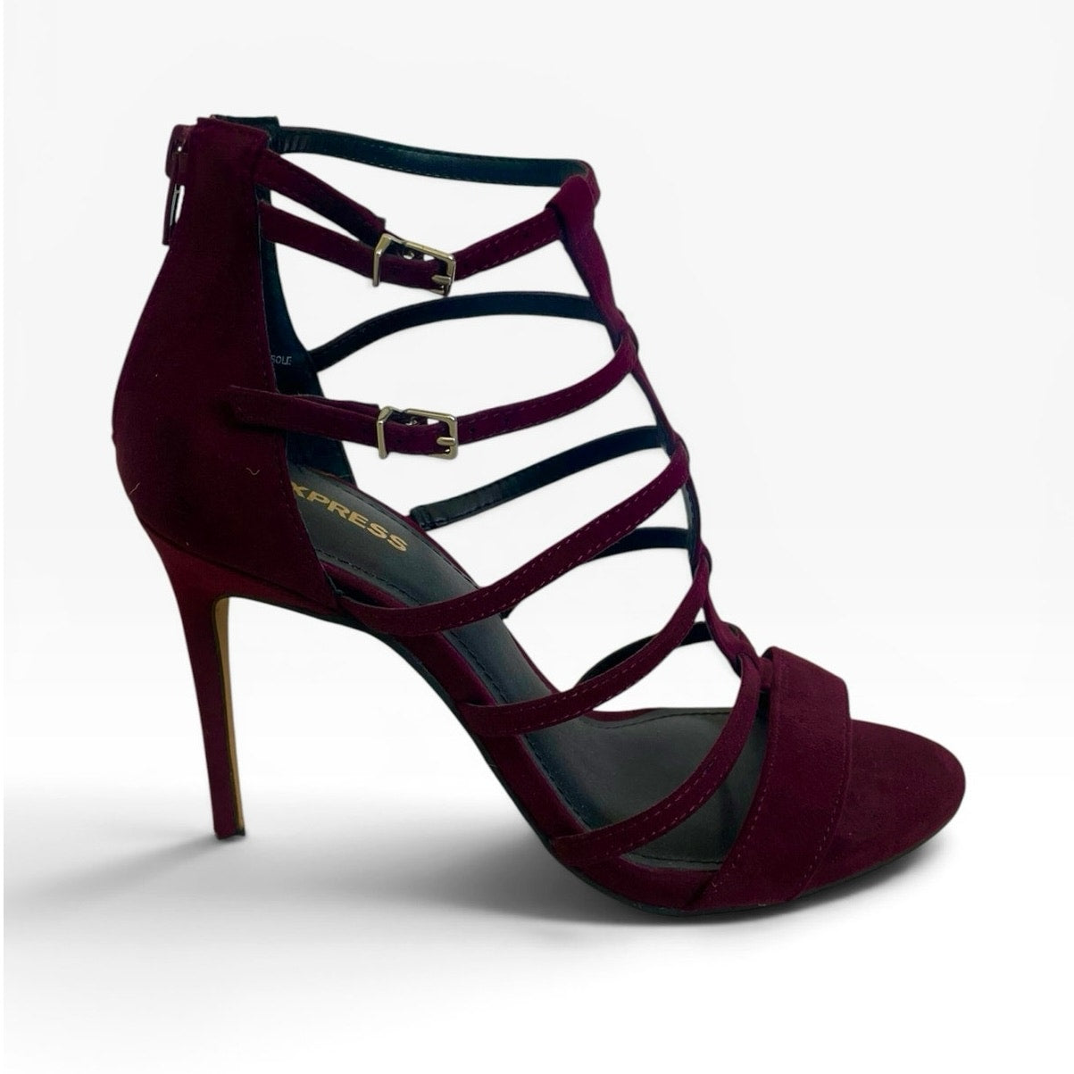 Express Burgundy Faux Suede Strappy Cage Stiletto Heels