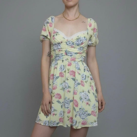 Forever 21 Yellow Floral Puff Sleeve A-Line Ruched Mini Dress