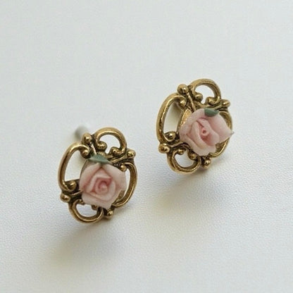 Vintage Pink Rose Gold Pendant Stud Earrings