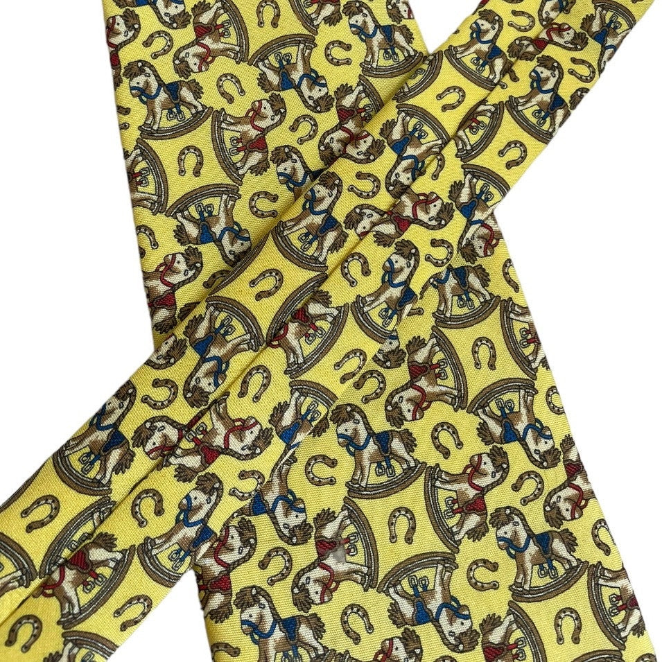 Vonzon Singthong Yellow Rocking Horse Print Mens Silk Neck Tie