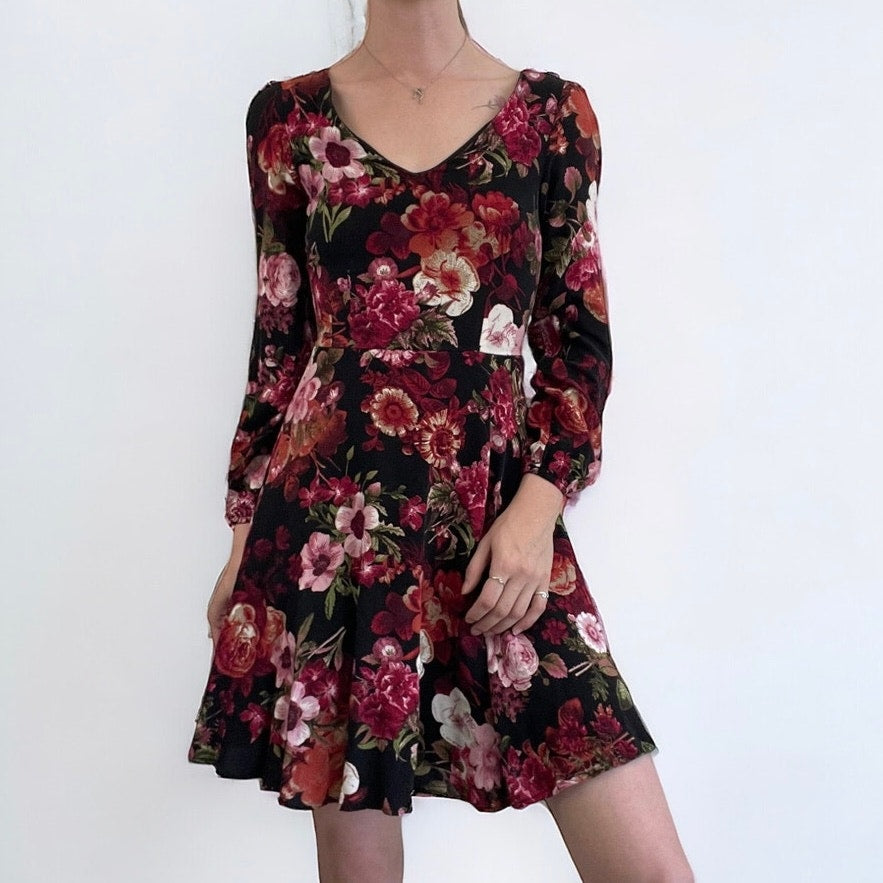 Fervour Black and Red Floral A-Line Long Sleeve Mini Dress