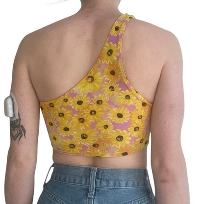Yellow & Pink Sunflower One Shoulder Cropped Top