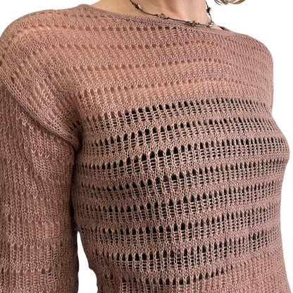 Frenchi Shimmery Pink Long Sleeve Loose Knit Long Blouse