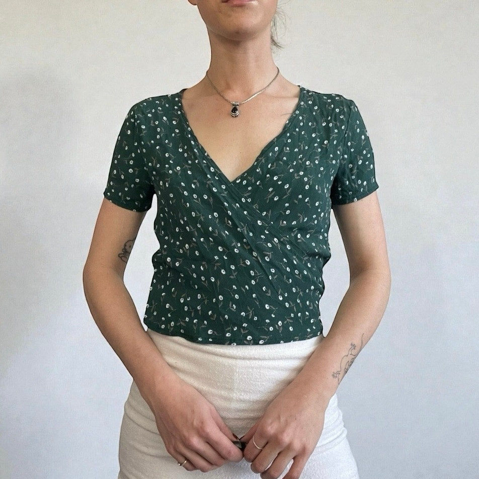 Brandy Melville Green Floral V-Neck Wrap Top