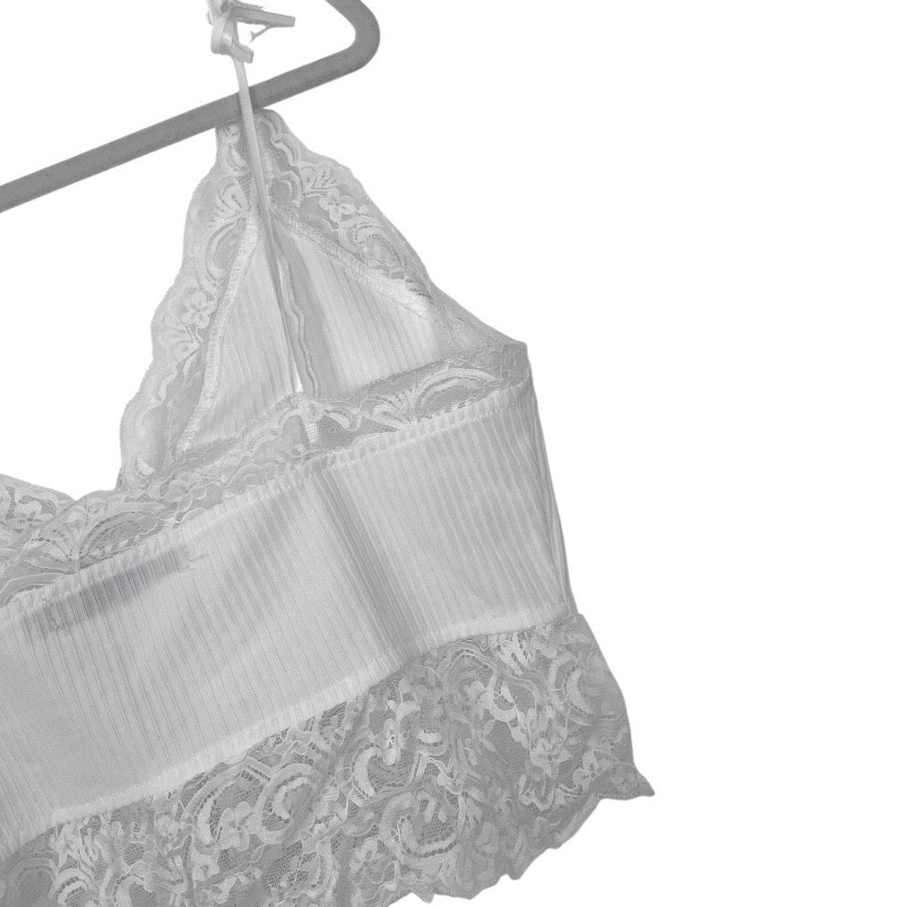 Misslook White Tie Front Sheer Lace Trim Cropped Top
