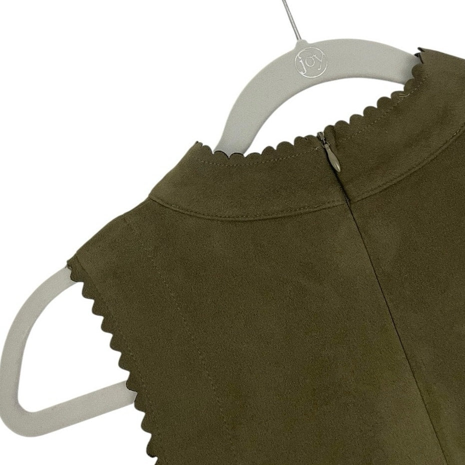 HYFVE Olive Green Faux Suede Scalloped Trim Mini Dress