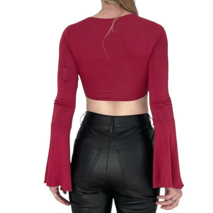 Sky & Sparrow Red Long Bell Sleeve Tie Front Cropped Blouse