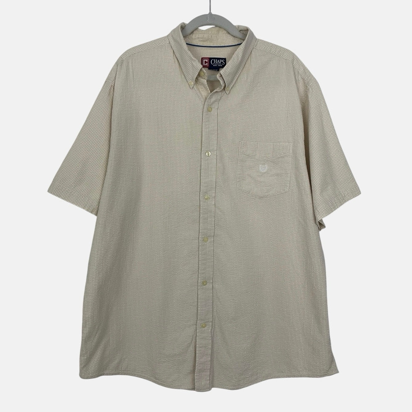 Chaps Mens Beige Micro-Gingham Short Sleeve Button Down Shirt