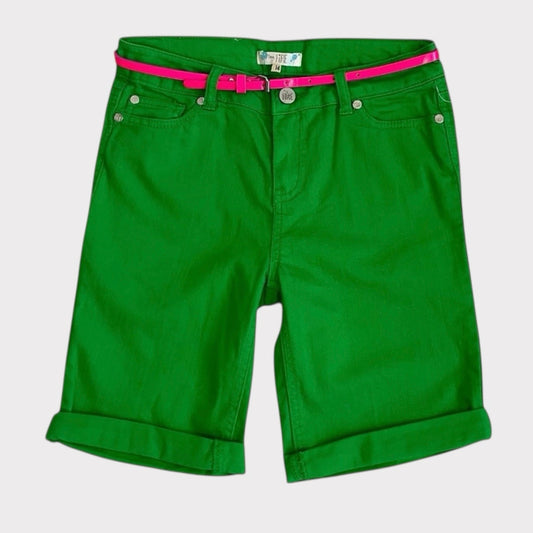 NWT Love, Fire Girls Jolly Rancher Green & Pink Belt Denim Cuffed Midi Shorts