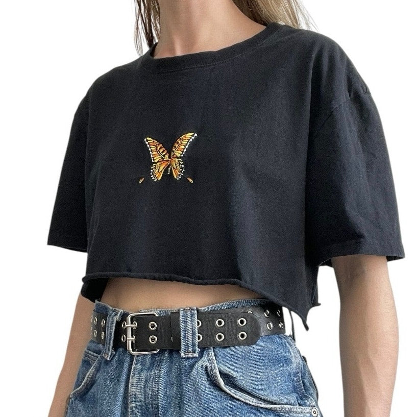 PacSun Black Butterfly Cropped Short Sleeve Tee