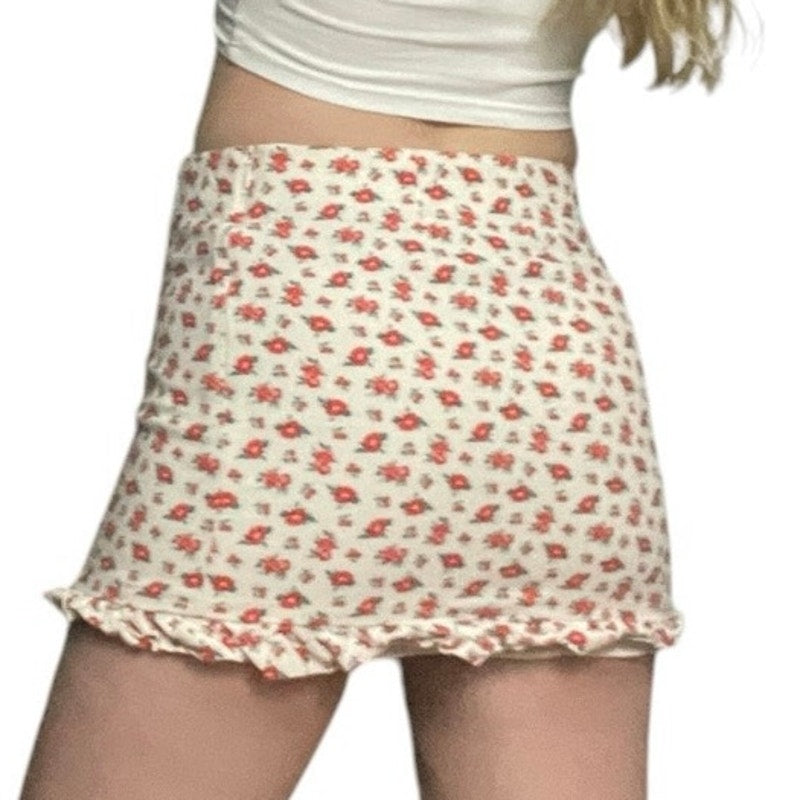 Zara Red & White Floral Ruffled Mini Skirt