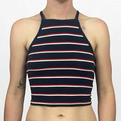 Divided Navy Blue  & Red Striped Cropped Tank Top