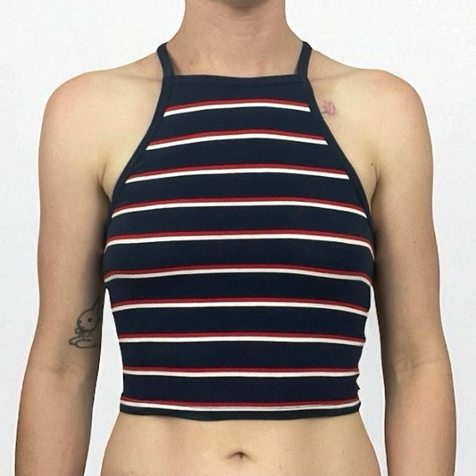 Divided Navy Blue  & Red Striped Cropped Tank Top