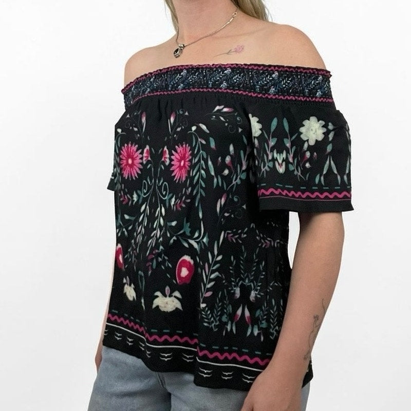 SHEIN Black Floral Off the Shoulder Blouse