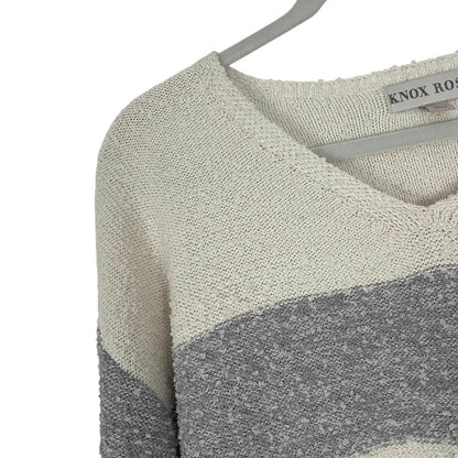Knox Rose Grey & Cream Striped Knit V-Neck Sweater