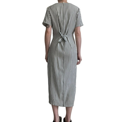 D.B.Y. Ltd Vintage Grey & White Striped Button Down Cutout Neck Maxi Dress