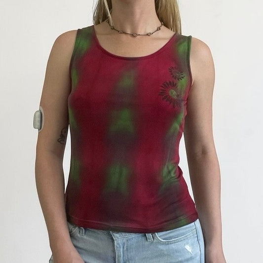 The Silkworm Vintage Sheer Red & Green Airbrush Floral Silk Tank Top