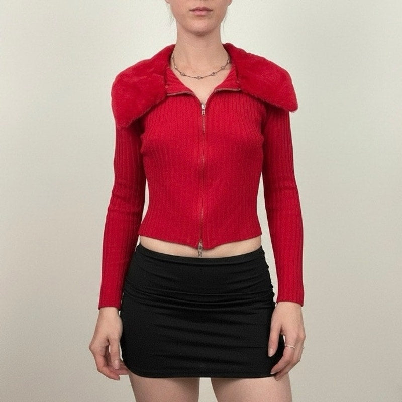 No Boundaries Red Ribbed Zip Up Fur Collar Long Sleeve Top