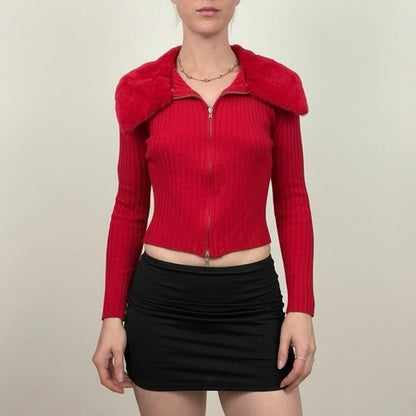 No Boundaries Red Ribbed Zip Up Fur Collar Long Sleeve Top