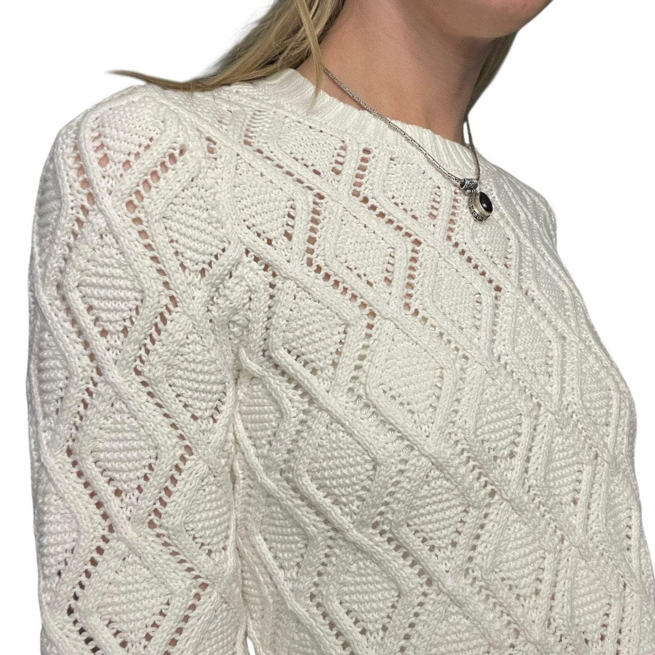 LOFT White Loose Diamond Cable Knit Crewneck Sweater