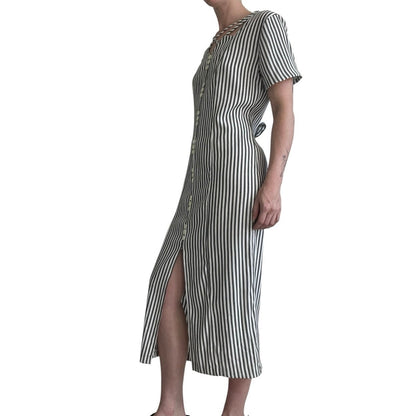 D.B.Y. Ltd Vintage Grey & White Striped Button Down Cutout Neck Maxi Dress