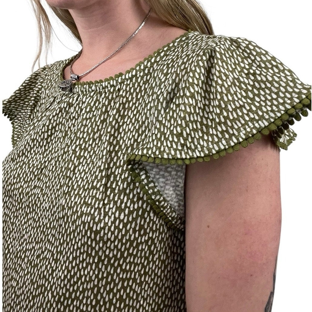 NWT LOFT Linen Green & White Dot Boho Embroidered Trim Blouse
