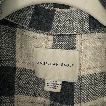 American Eagle Beige & Grey Plaid Long Sleeve Button Down Shirt