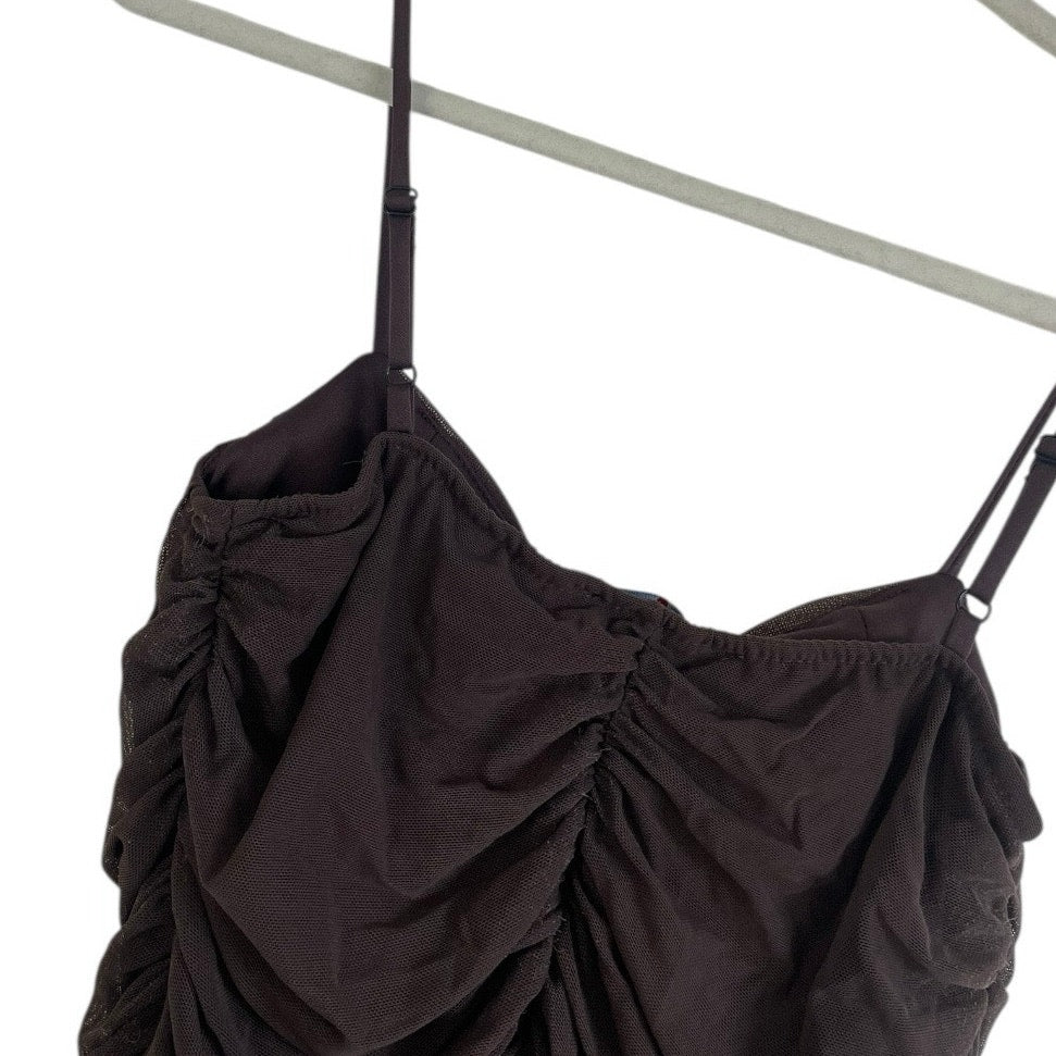 Moa Moa Sheer Brown Ruched Clasp Button Down Padded Tank Top
