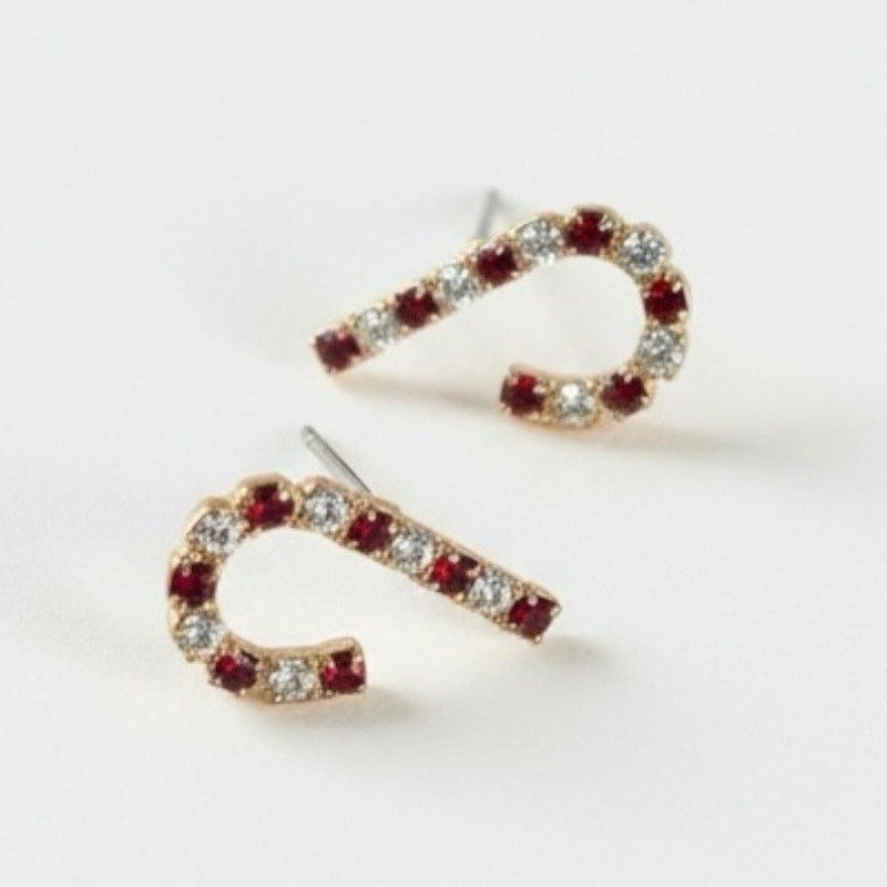 Vintage Red & Silver Rhinestone Candy Cane Pendant Gold Stud Earrings