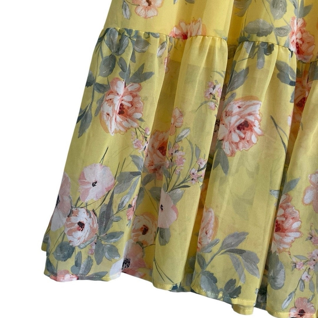 Luxology Yellow Floral Tiered Puff Half Sleeve V-Neck Maxi Dress