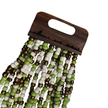 Vintage Green & White Beaded Brown Wooden Clasp Chunky Layered Bracelet