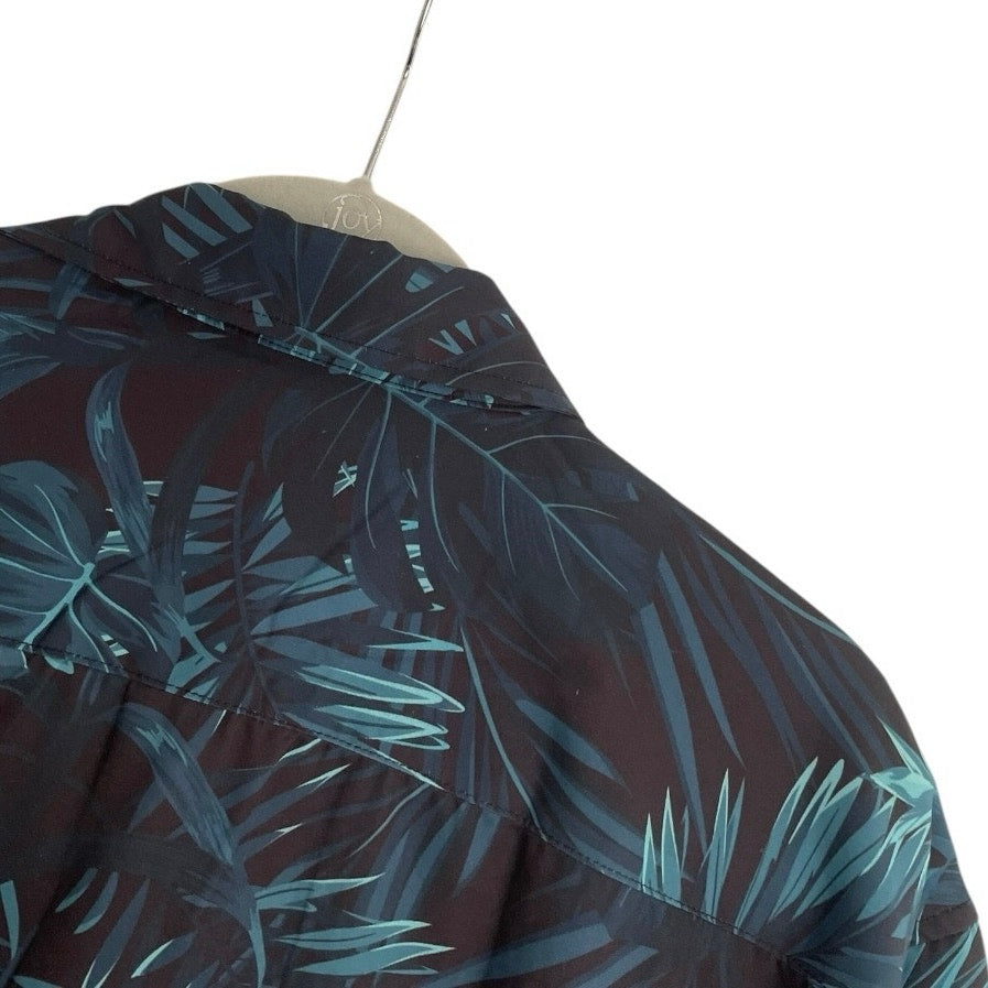 Hisdern Mens Navy Blue Tropical Button Down Shirt