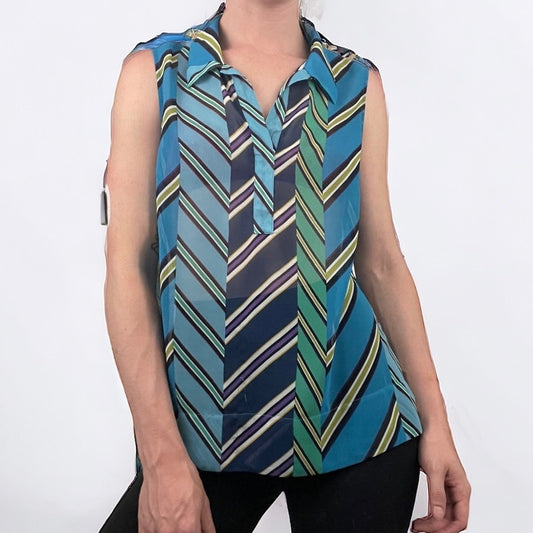 CAbi Sheer Colorful Striped V-Neck Collared Blouse