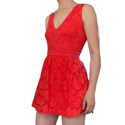 Soieblu Vibrant Coral Floral Lace A-Line V-Neck Mini Dress