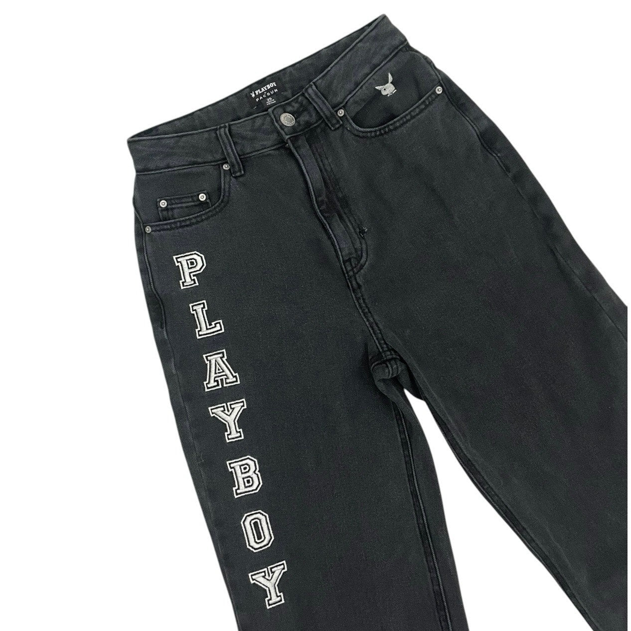 Playboy by PacSun Black Emrboidered High Rise Wide Leg Jeans