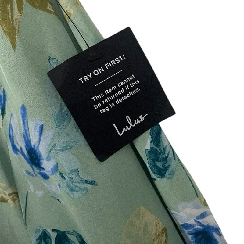Lulus Silky Sage Green & Blue Floral Side Slit Plunge V-Neck Maxi Dress