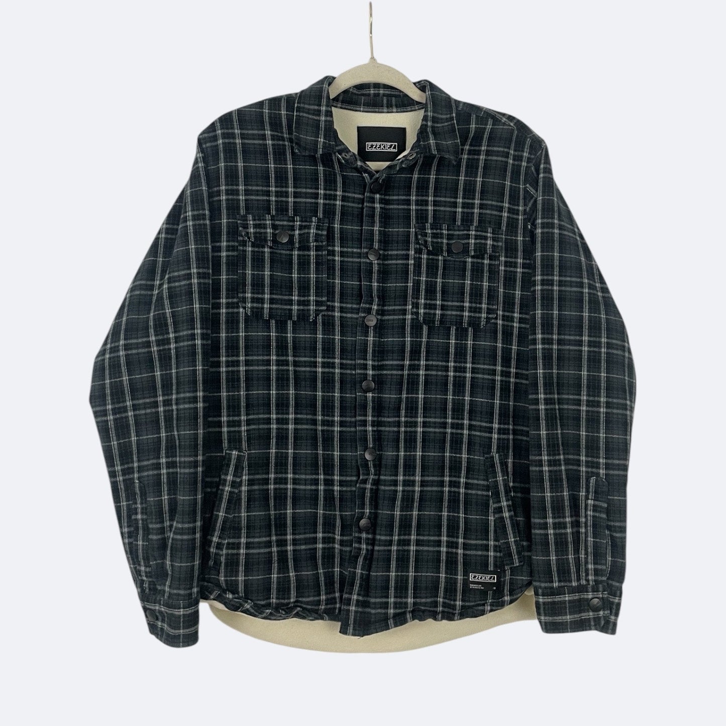 Ezekiel Mens Grey Plaid Flannel Fleece Lined Button Down Jacket