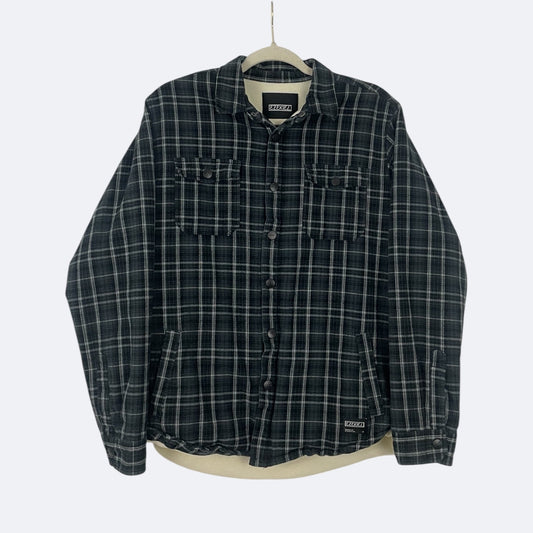 Ezekiel Mens Grey Plaid Flannel Fleece Lined Button Down Jacket