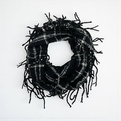 Black & White Plaid Fringe Knit Infinity Scarf