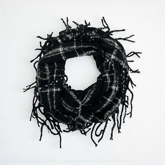 Black & White Plaid Fringe Knit Infinity Scarf