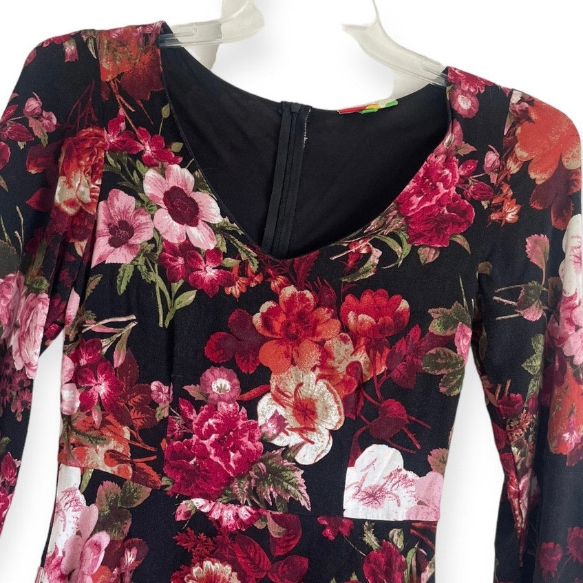 Fervour Black and Red Floral A-Line Long Sleeve Mini Dress