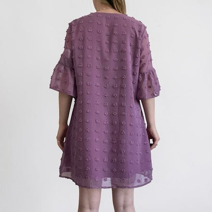Pink Swiss Dot Sheer Flutter Sleeve V-Neck Mini Dress