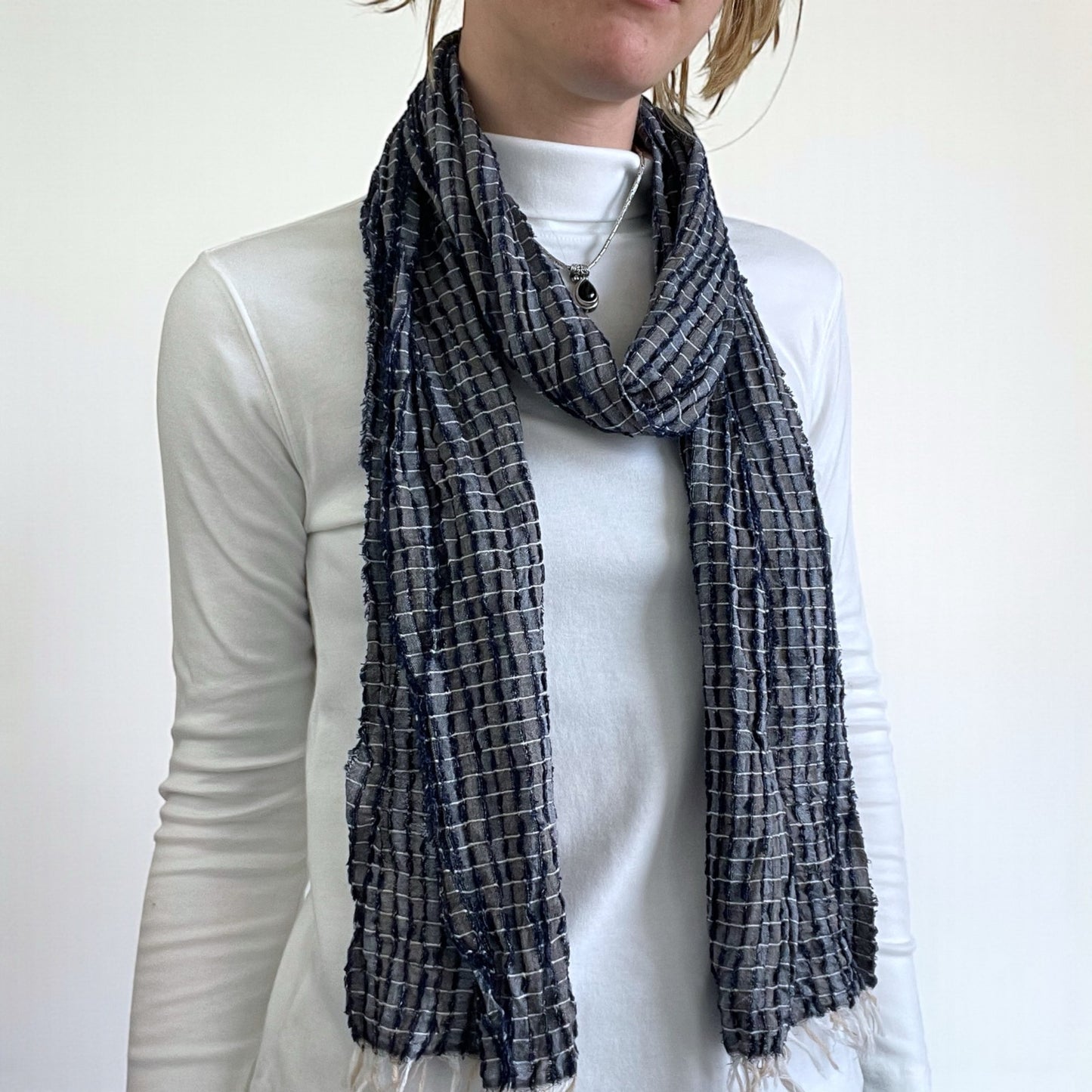 Thin Navy Blue Plaid Textured Fringe Scarf